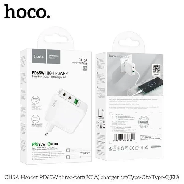 Hoco C115A Fast Type C Charging Adapter 65W 3Port (2 Type-c+ USB Port) 0