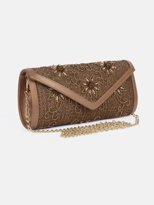 Brown Embroidered Mixed Fabric Purse