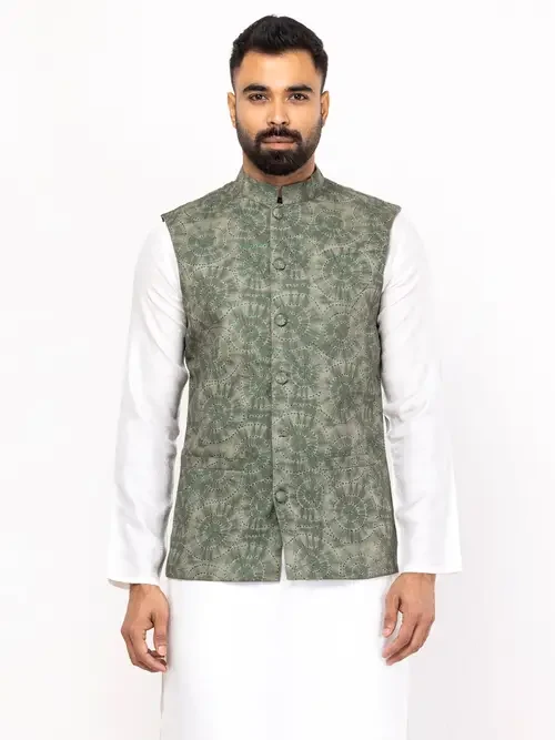 Grey & Green Textured with Embroidered Cotton Koti