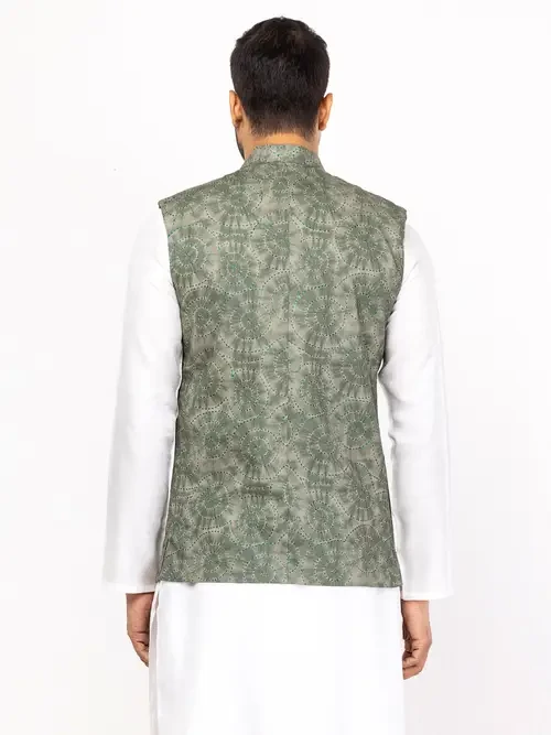 Grey & Green Textured with Embroidered Cotton Koti 1