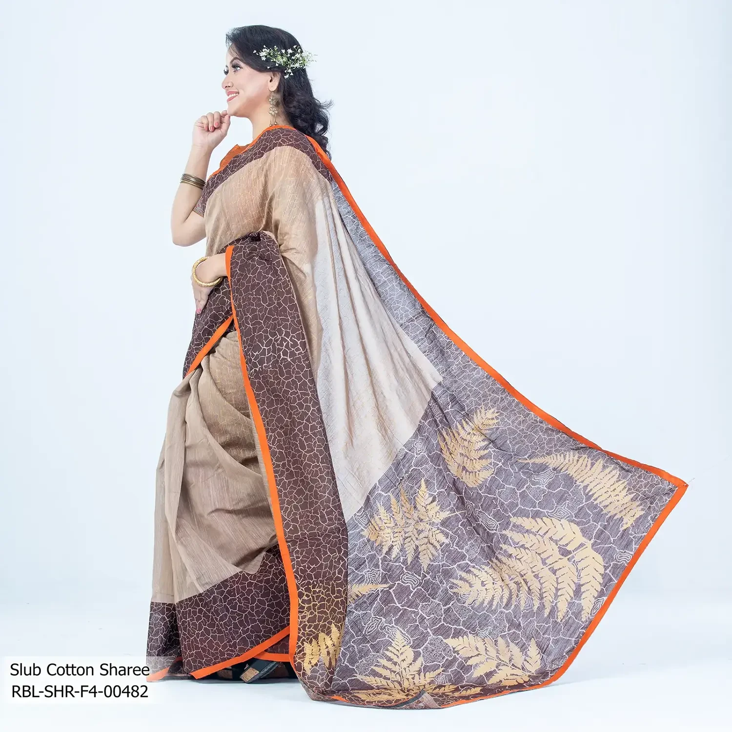 Screen Print, Patchwork & Handwork Slub Cotton Sharee