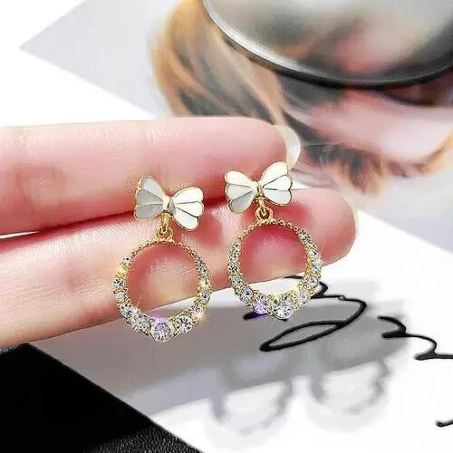 Korea Elegant Fashion Crystal Round Geometry Bow Dangle Earrings For Women
