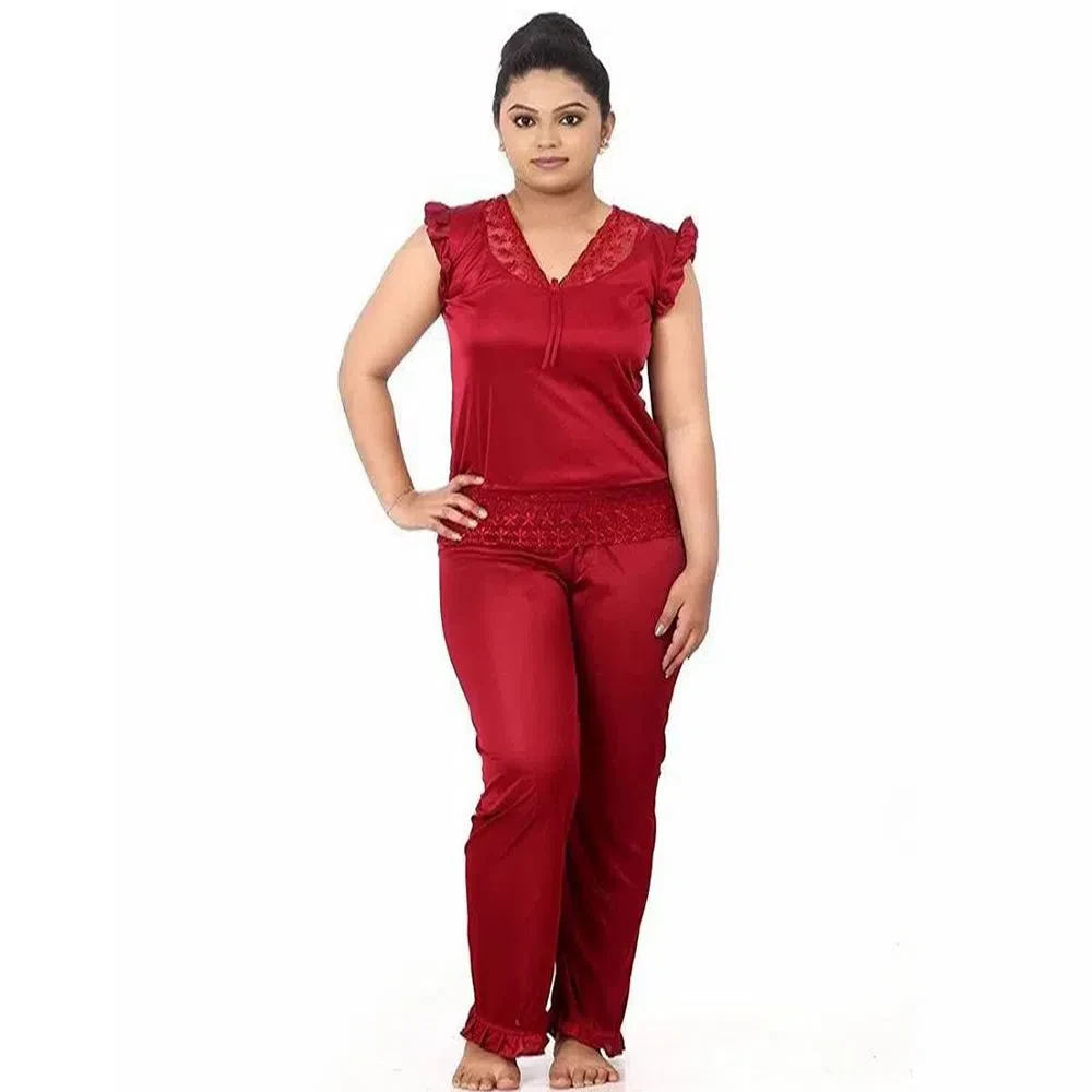 Ready Made Womens Dhuti Pattern Style Satin Night Dress - Maroon
