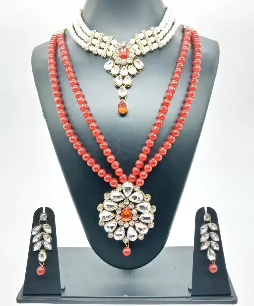 Crystal Pearl & Stone Combo Necklace Set 0