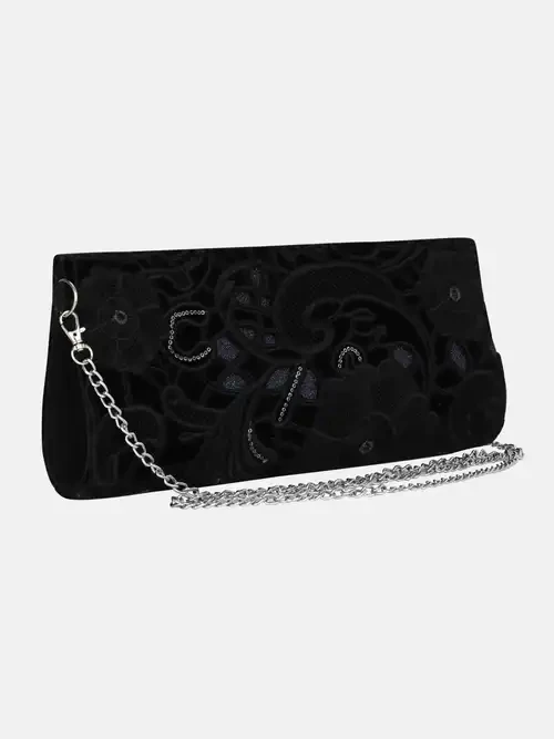 Black Embroidered Velvet Fabric Purse
