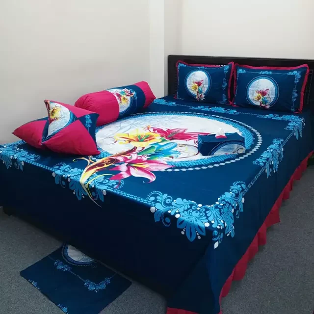 Flower Design Navy Blue 8 Pcs Bed Sheet