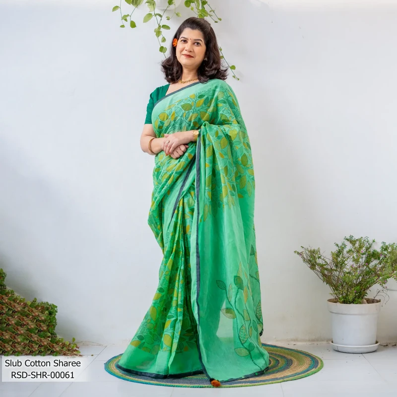 Green Color Slub Cotton Screen Print Sharee