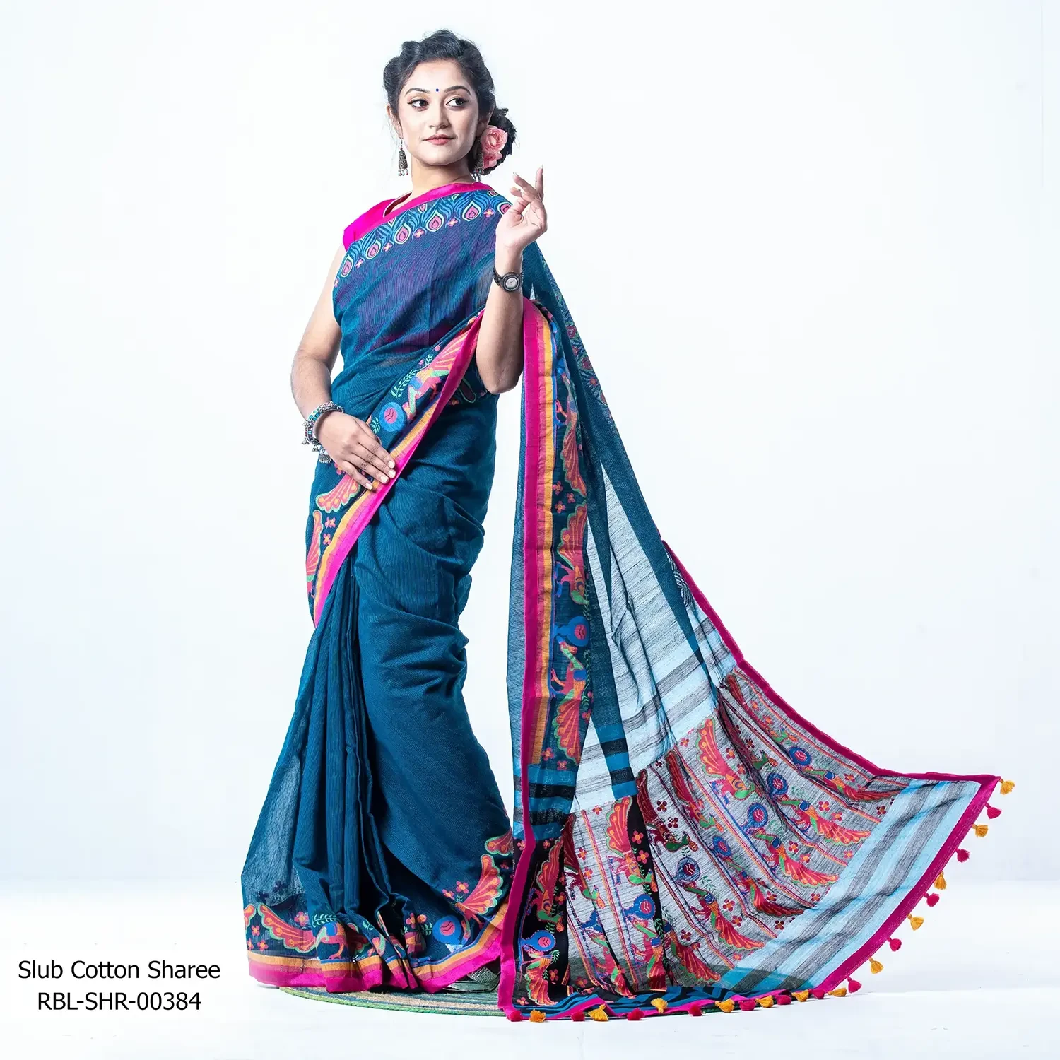 Slub Cotton Screen Print and Handwork Sharee