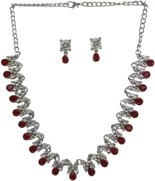 Alloy Rhodium Ruby Red Jewellery Set