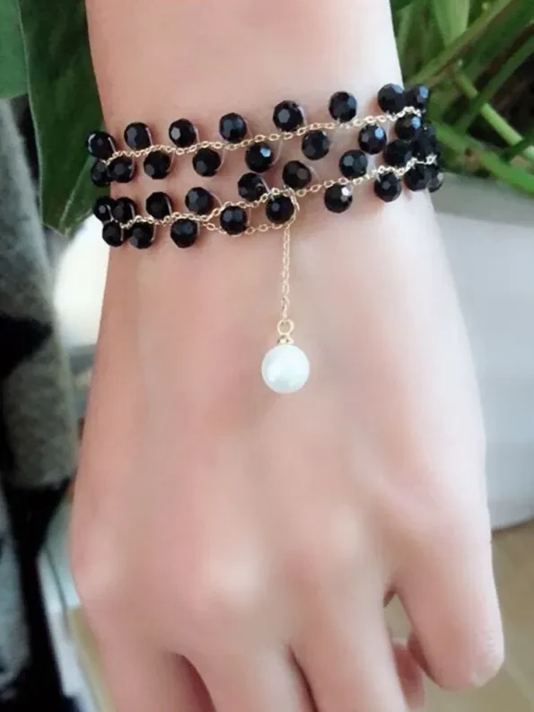 Cold style black crystal necklace with pearl ball 2