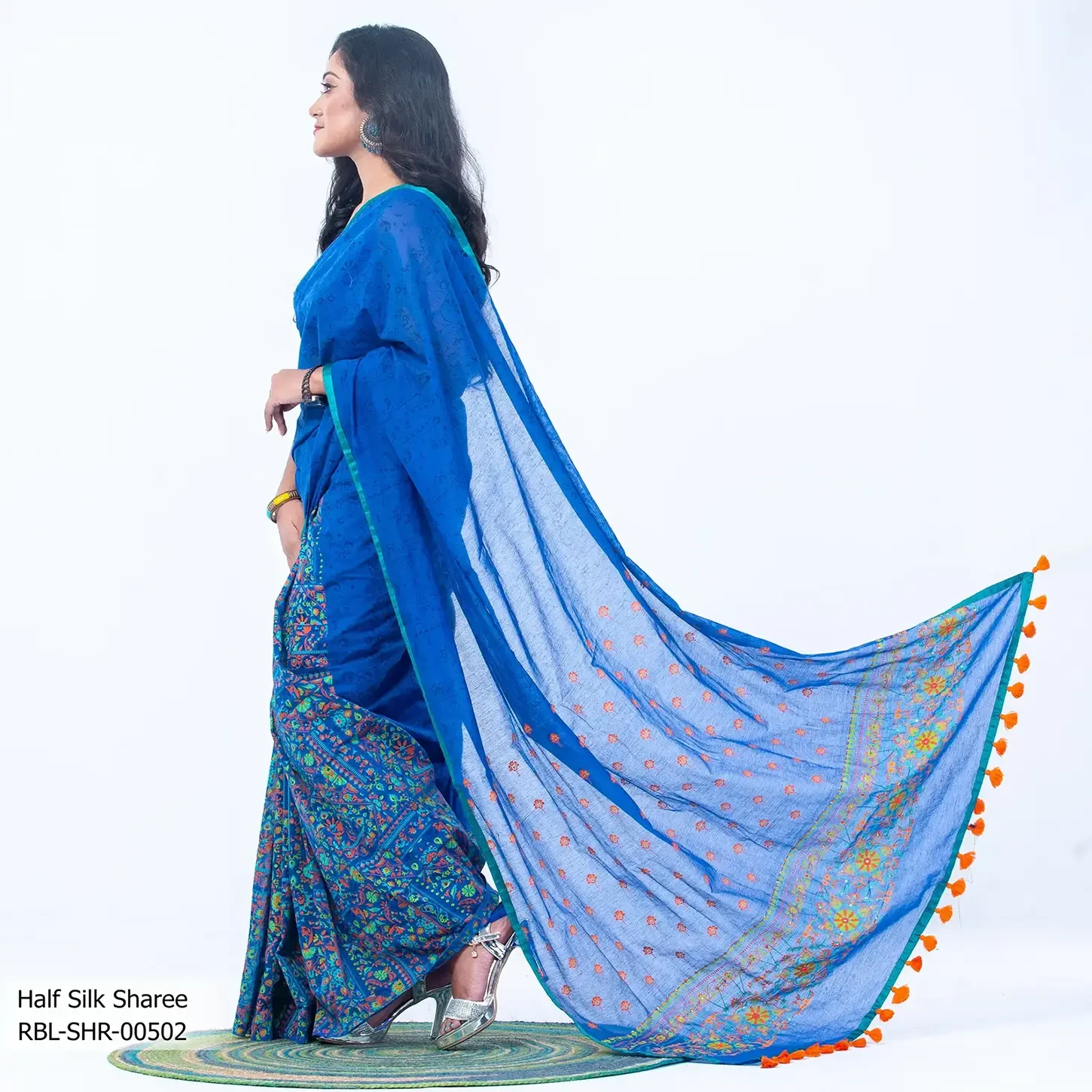 Screen Print Patchwork & Handwork Half Silk Sharee