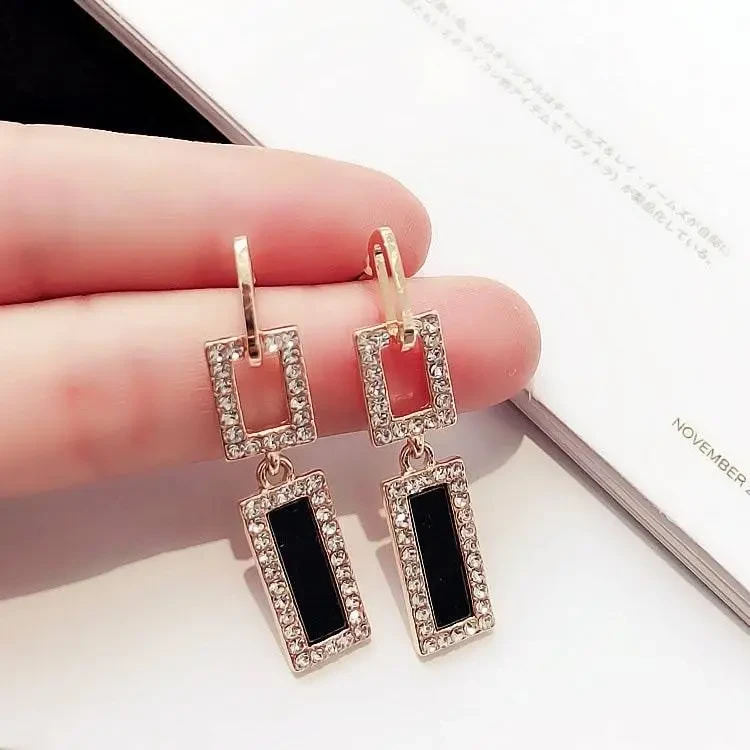 Square Shape Hoop Black Stone Earrings