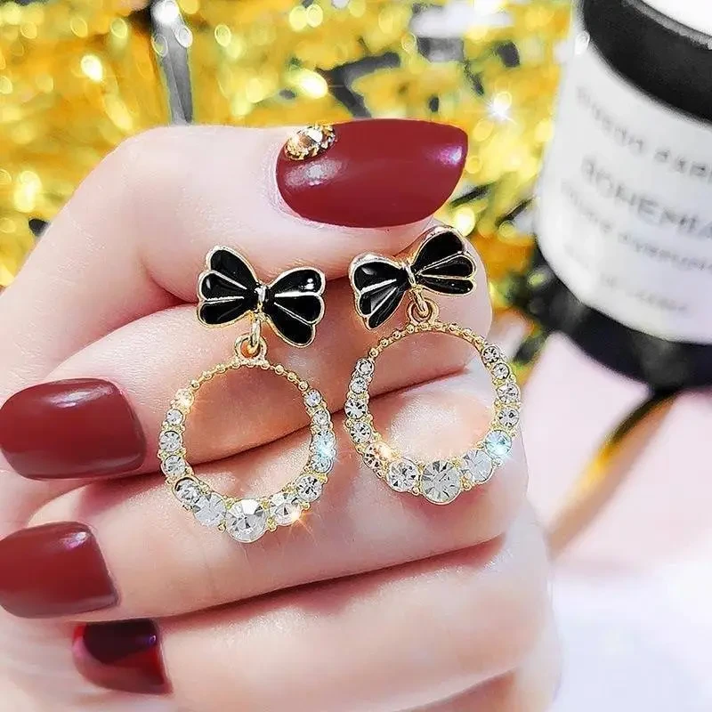 Korea Elegant Fashion Crystal Round Geometry Bow Dangle Earrings For Women 1