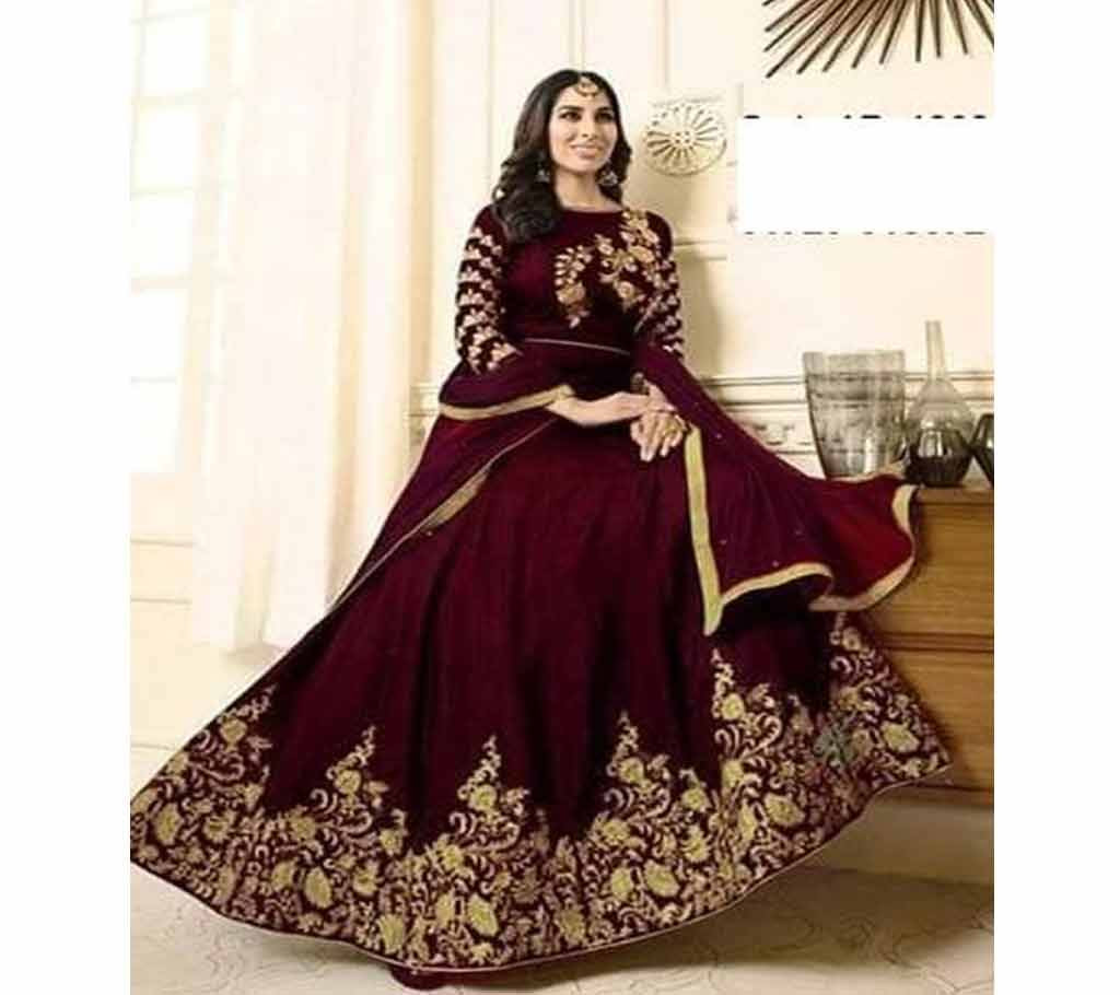 আনস্টিচড ব্লক প্রিন্টেড কটন থ্রি-পিস-Copy-Brown 0