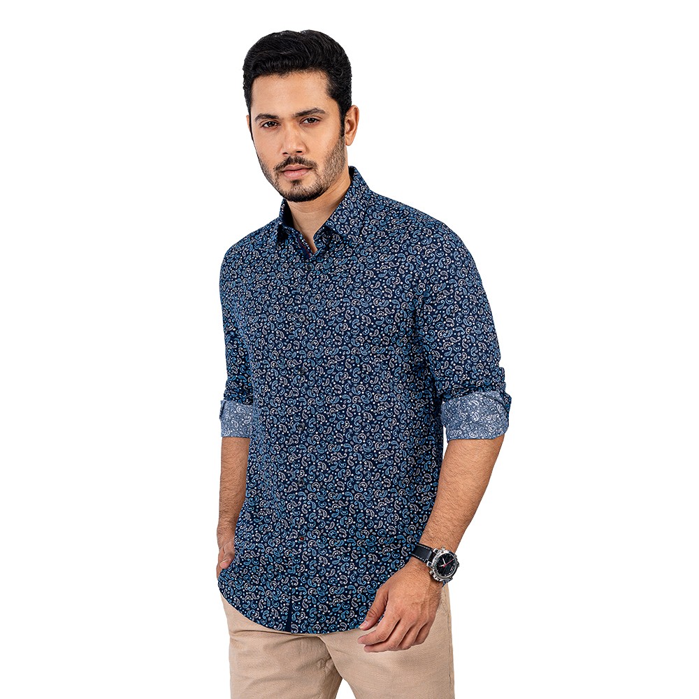 Navy Color Printed Ultra Slim Fir Full Sleeve Shirt